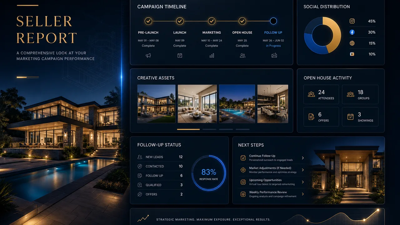 Seller marketing report with campaign activity and next-step recommendations